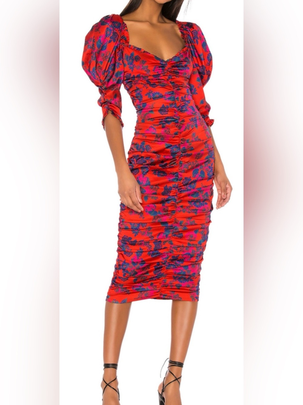 For Love & Lemons Floral Ruched Midi Dress Red Pink Size Medium M Sweetheart